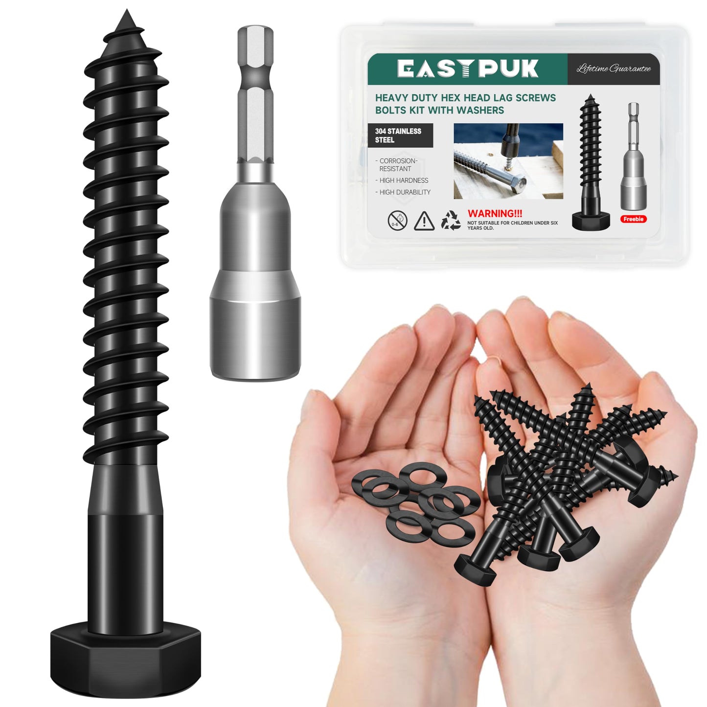 EASTPUK (12Sets) 5/16" x 2-1/2" Hex Head Lag Bolts, Heavy Duty Lag Screws with Washers, 304 Stainless Steel, 5/16 Bolt for Wood, Partial Thread, Black Oxide