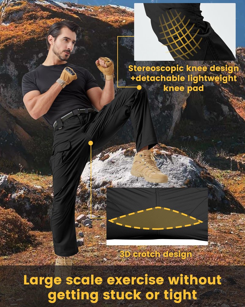 PandaVoy Men's Stretch Tactical Work Pants with Removable Knee Pads, Water-Resistant Ripstop Cargo Pants for Outdoor & Hiking Lightweight Slim Fit Black 32,30