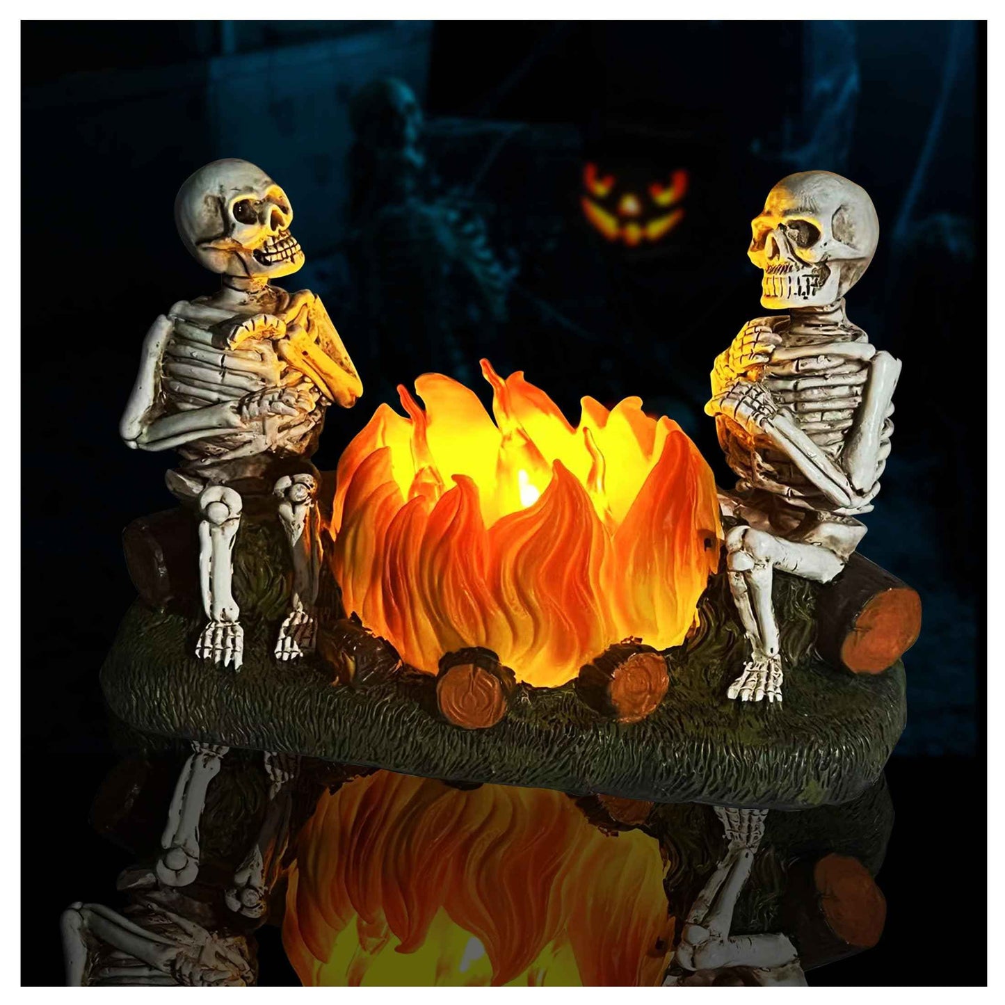 Htscudtg Halloween Skeleton with Pumpkin Campfire Nightlight, Flickering 3D Flameless Lights Halloween Indoor Decor, Light Up Jack O Lantern, Scary Skull Statue Lamp for Table Mantel