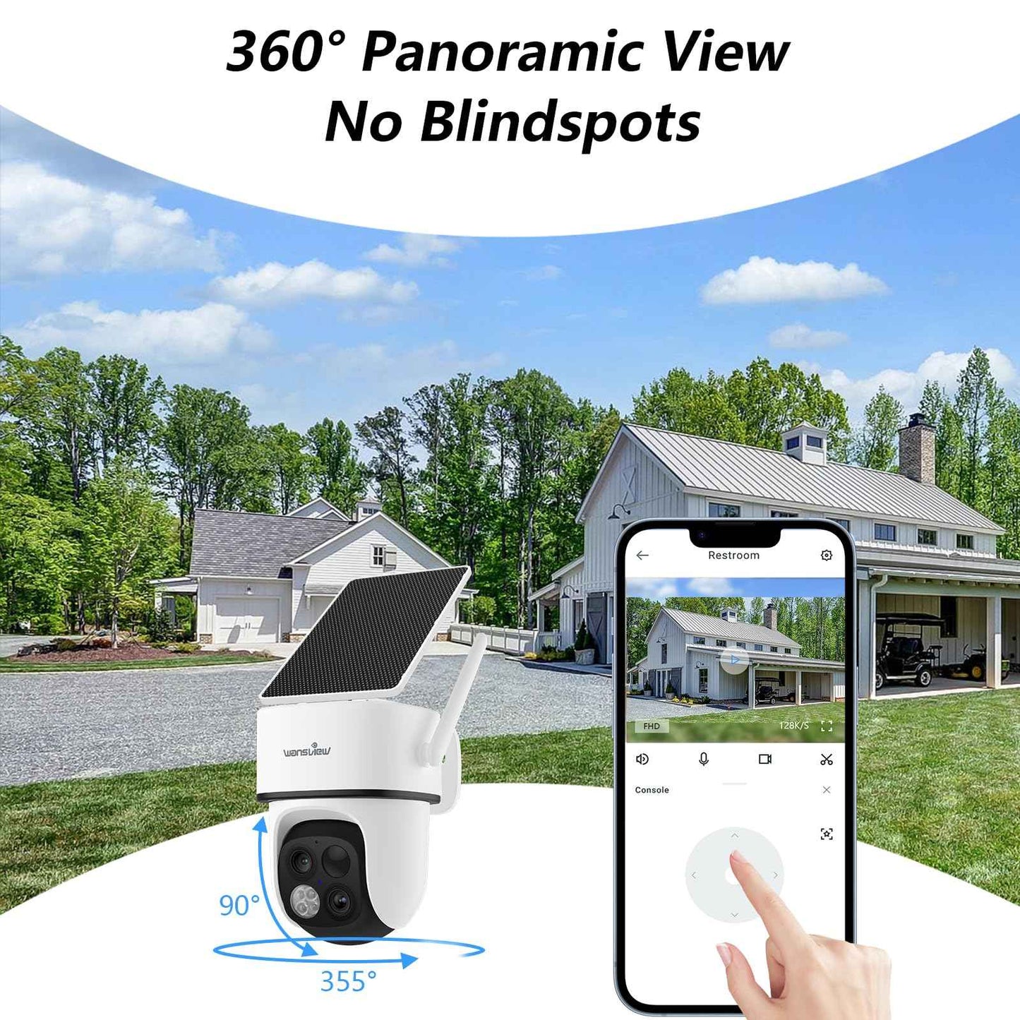 wansview Solar Camera Outdoor Wireless-2K 360°PTZ Cameras for Home Security with Dual Lens, Solar Panel/Battery Powered, PIR Detection, Color Night Vision, 2.4Ghz Wi-Fi Only, Works with Alexa, B7 1P W