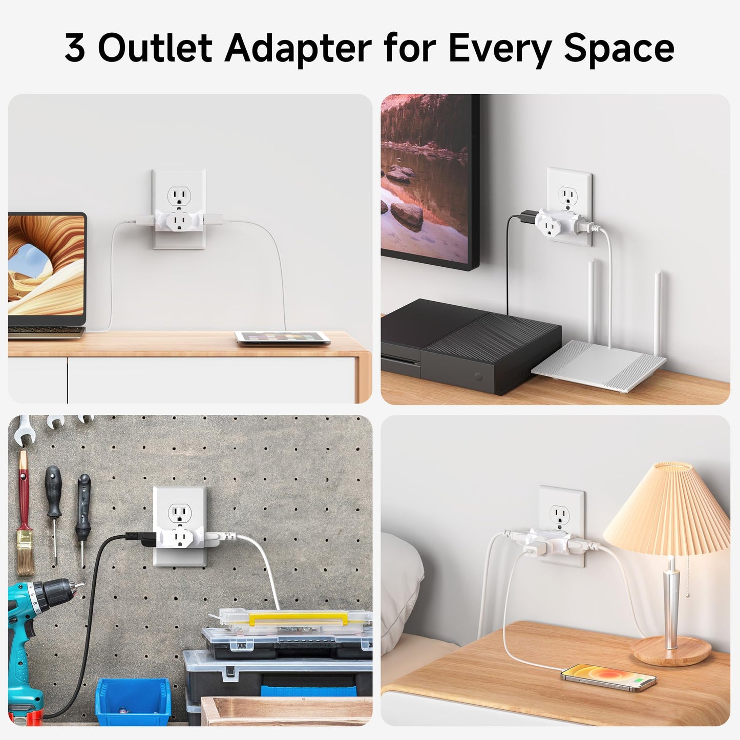 [UL Listed] Cable Matters 3-Pack 3 Way Plug Adapter 15A 1875W, 3 Prong 3 Outlet Adapter, Power Splitter Plug Outlet, 3 Way Electrical Splitter, White