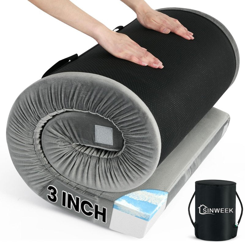 Sinweek 3 Inch Memory Foam Camping Mattress, Waterproof Roll Up Floor Sleeping Mat, Portable Camp Cot Mattress Pad, Camping Bed Pads for Sleepover, Car Bed with Travel Bag, Single