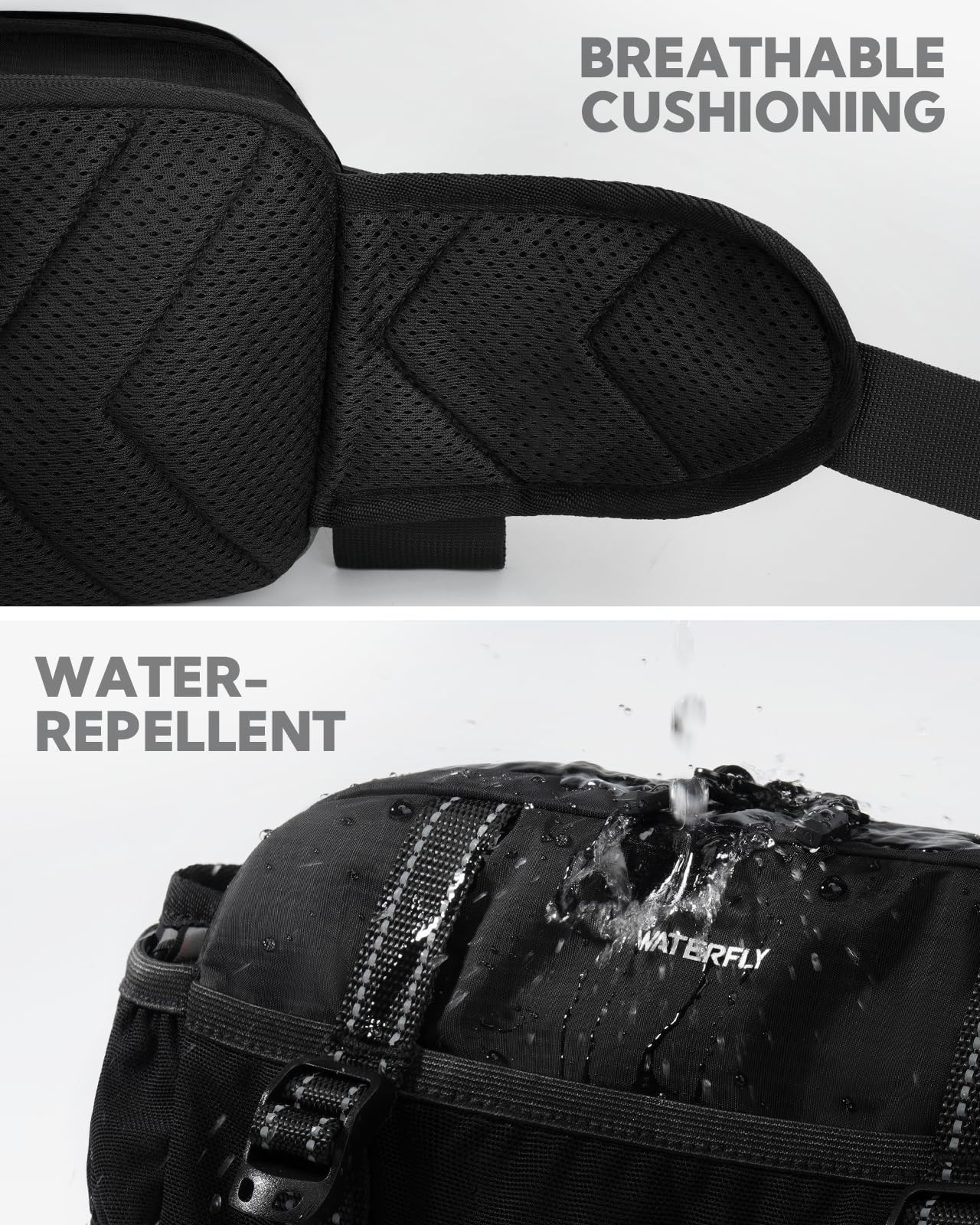 WATERFLY Large Hiking Fanny Pack: 3L Waist Bag with 2 Bottle Holders for Women Men - 9 Pockets & Adjustable Belt Lumbar Hip Packs for Travel Running Cycling Camping Workout (Bottles Not Included)