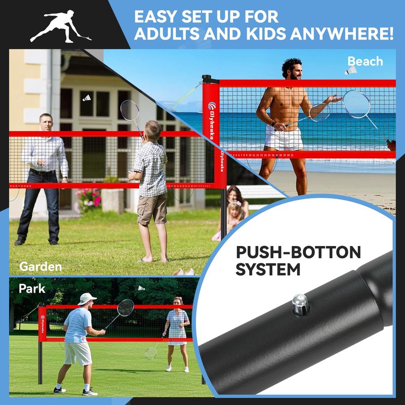 12FT Space-Saving Badminton Net Set - Durable Anti-Sag Net, Heavy Duty Poles, 2 Lightweight Rackets, 3 Shuttlecocks, Easy-Carry Bag - Stable for Backyard/Indoor/Beach (Red, 12ft)