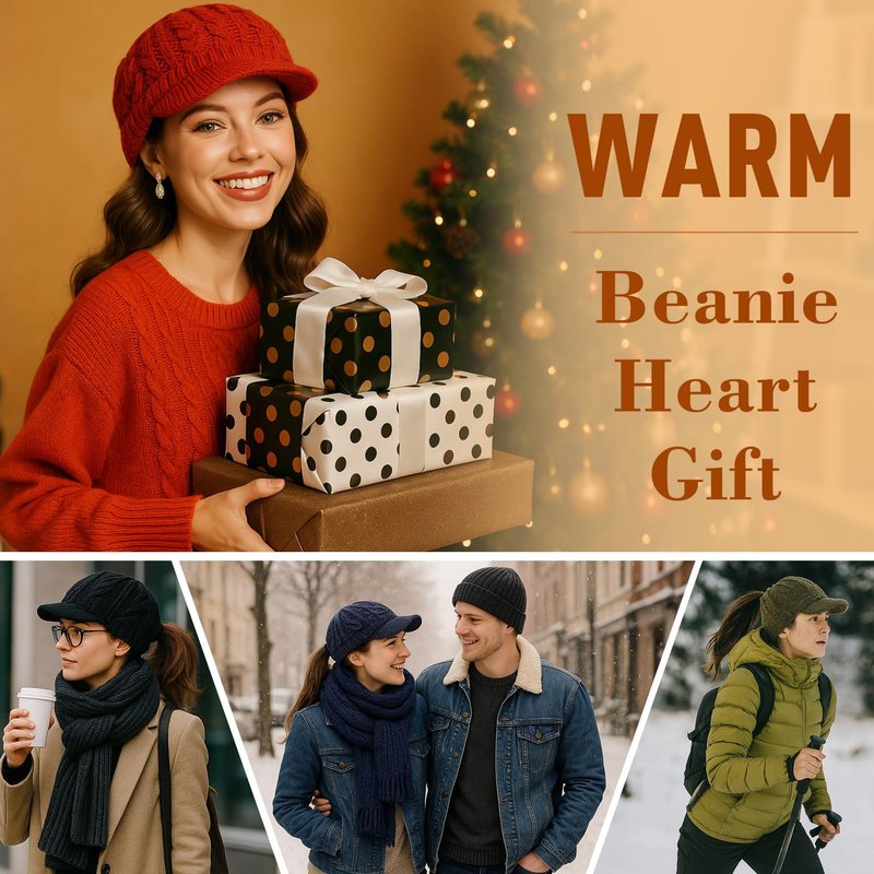Womens Winter 3 Openings Ponytail Visor Brim Bill Beanie Hat Fleece Lined Merino Wool Warm Cable Knit Cap Bun Hole Cold Weather Black