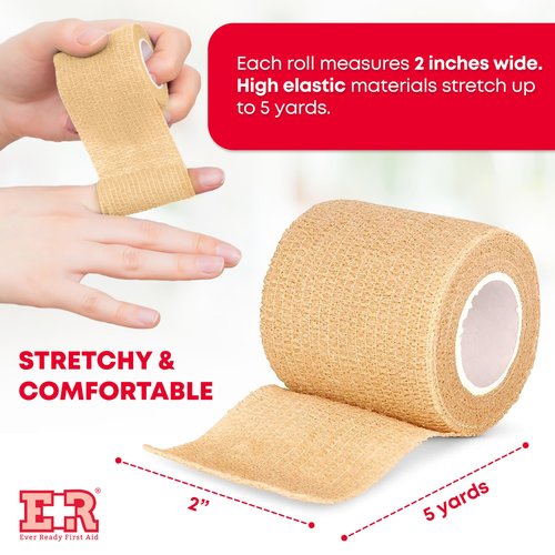 Ever Ready First Aid Self Adherent Cohesive Wrap Bandages, 2” x 5 Yards for First Aid, Sprains, Swelling, Sports, Pets, Tan Color – 12 Count