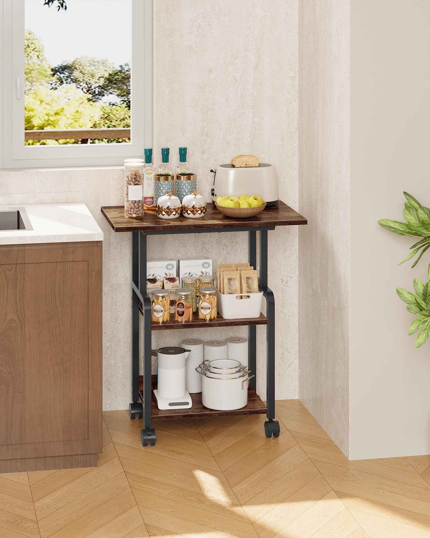 CHOEZON 23.6-in Printer Stand with Storage, 3-Tier Printer Table for Home Office, Printer Cart Under Desk Storage, Suitable for Study, Kitchen, Living Room, Rustic Brown and Black TPS02BF