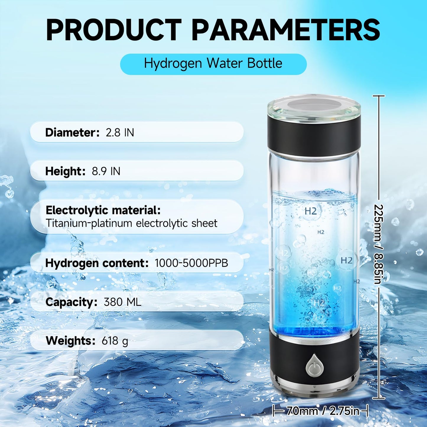 Hydrohealth Hydroh Hydrogen Water Bottle Generator, Portable and Rechargeable Hydro Health Hydrogen Water Bottle Glass with SPE Pem Technology,3 Min 4100 PPB Pure Hydrogen Rich Concentration