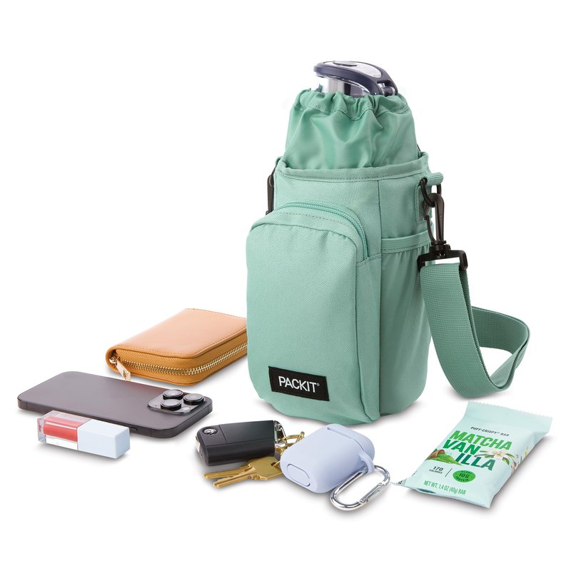 PackIt Freezable Hydration Crossbody Water Bottle Carrier with Strap, Fits 32,40 oz and 64 oz - Triple Function Design, Removable Freezable Insert, Adjustable Crossbody Strap, Front Zip Pocket - Sage