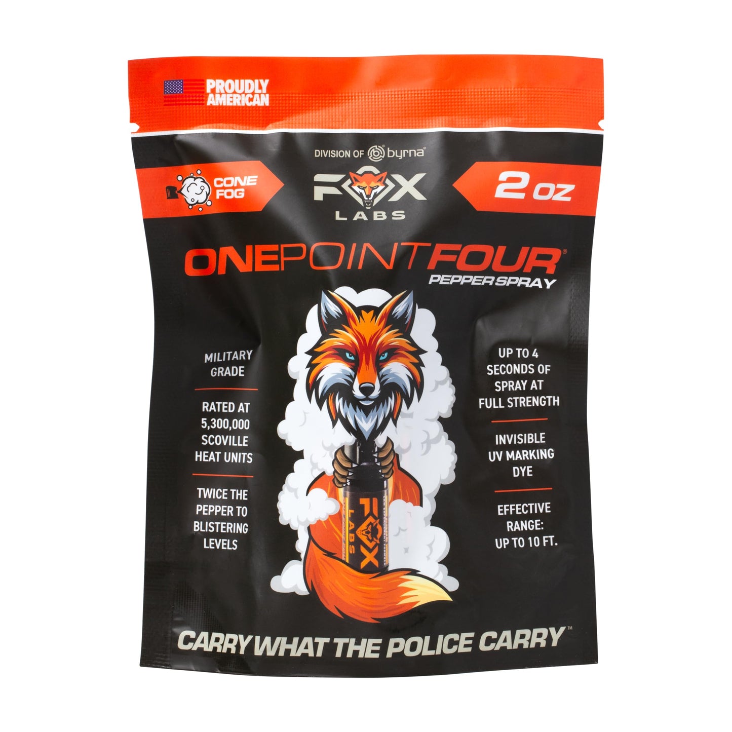 Fox Labs One Point Four Pepper Spray | Double Heat Formula | 1.4% MC, 4% OC Police Strength Pepper Spray for Self Defense, 5.3M SHU, Flip Top Safety with UV Marking Dye – (2 OZ (Cone Fog))