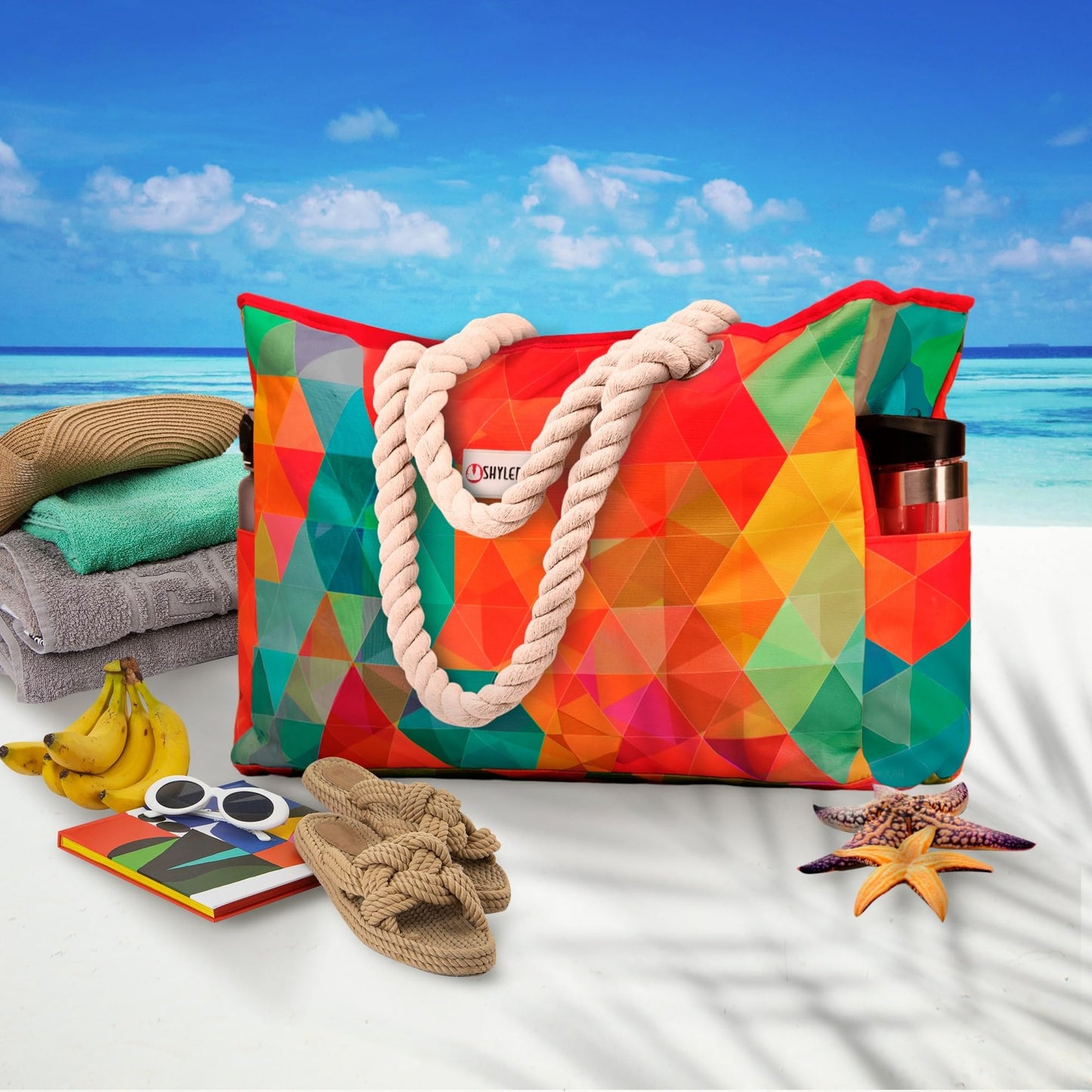 SHYLERO Beach Bag and Pool Bag Has Cooler Pocket, 7 Pockets Total, Zip Top. Family Size Waterproof Beach Tote