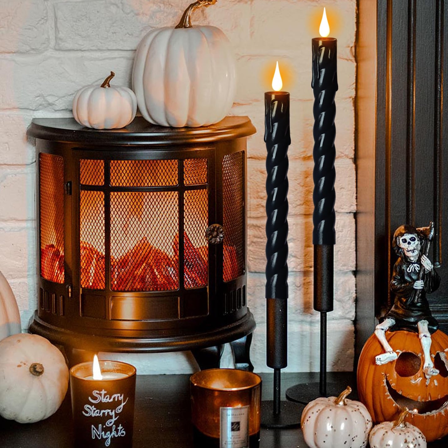 Eldnacele Plastic Flameless Taper Candles with Remote and Timer, Black Spiral Taper Candles Battery Operated Flickering Flame Lights Lifelike LED Candlesticks Set of 2 for Indoor Home Holiday Decor