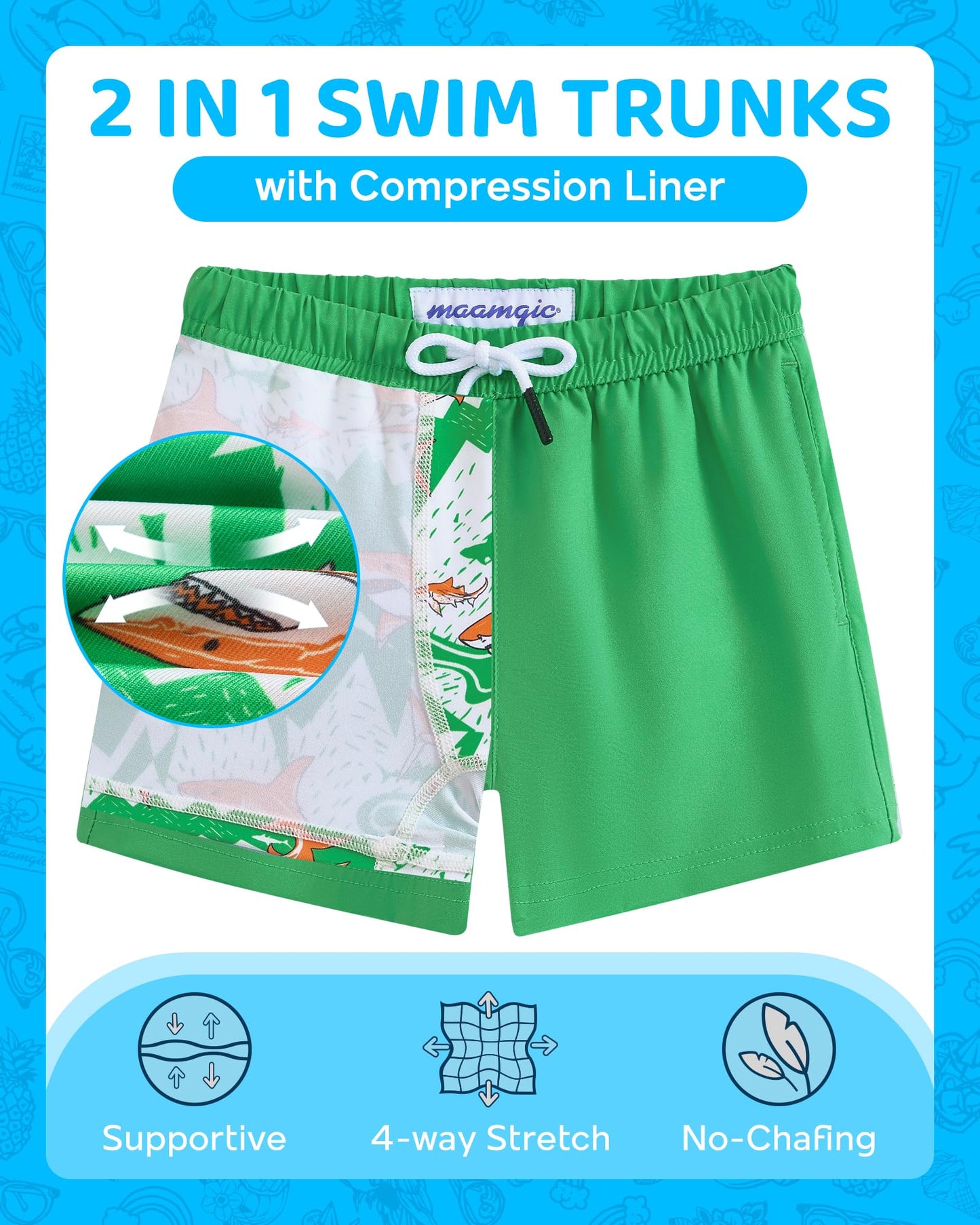 maamgic Boys Swim Trunks with Compression Liner 4-Way Stretch Quick Dry Bathing Suit Toddler Beach Shorts Retro Green 5-6 Years