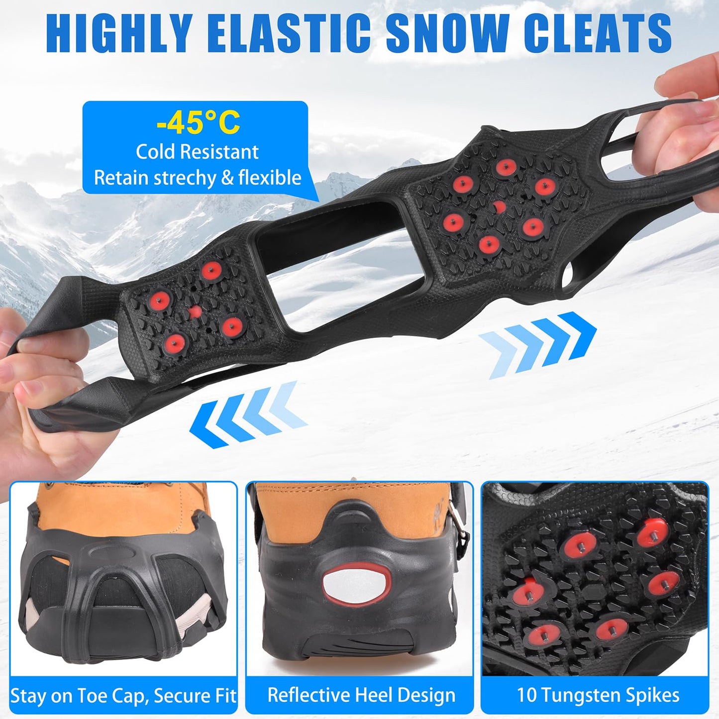 Ice Cleats Tungsten Crampons, Anti Slip Shoes Grippers with Reflective Heel, Ice Snow Cleats for Shoes and Boots Men Women Slip-on Overshoes Stretch Footwear, Size M