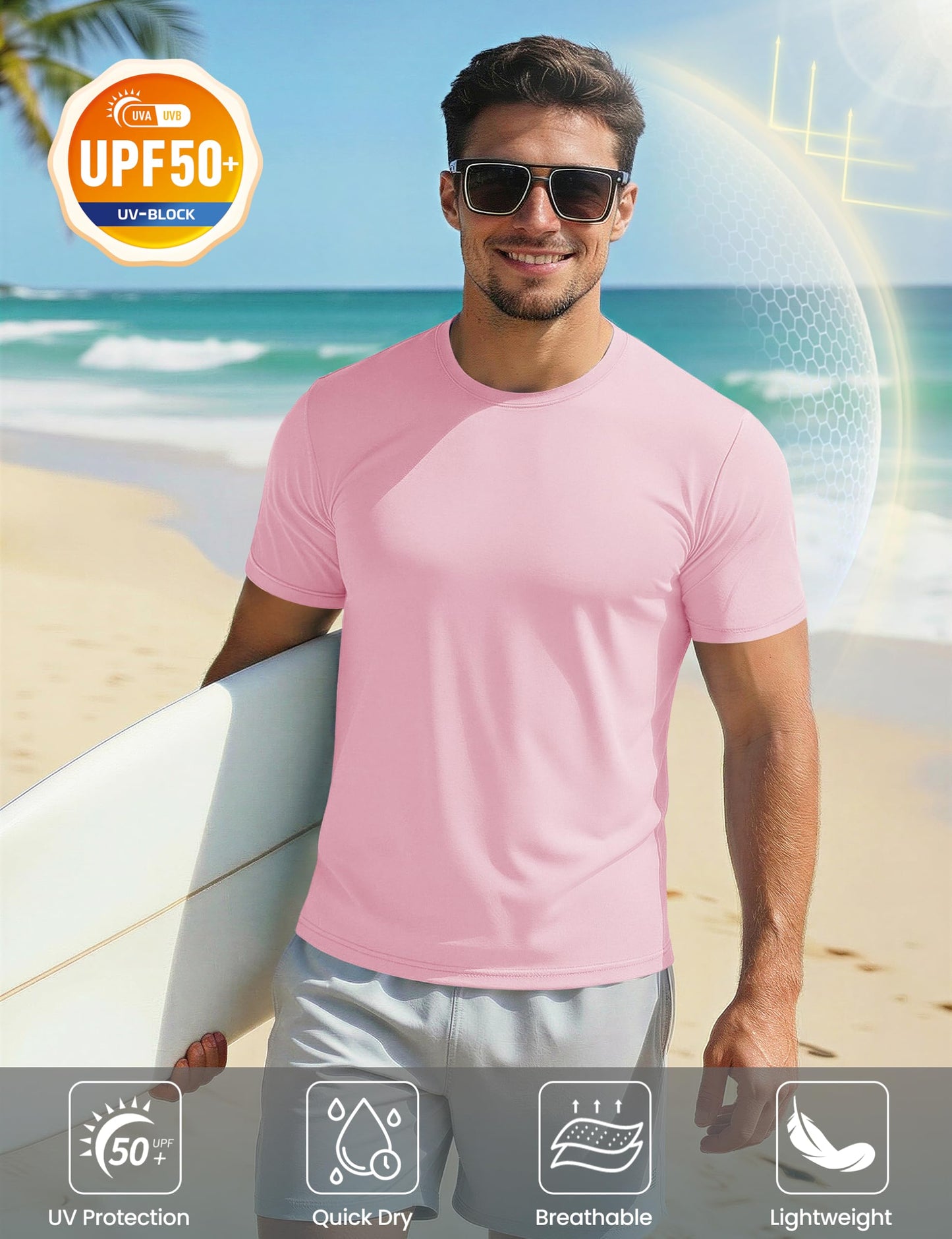 Mens Quick Dry T-Shirt - Short Sleeve Running Shirt - Sun Protection - Active - Light Pink M