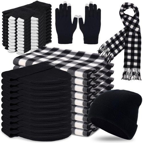 ShinyMatch 90 Pcs Hats Scarves Gloves Supplies Bulk Winter Beanie Hats Black Grey Grids Scarves Touchscreen Gloves Gift