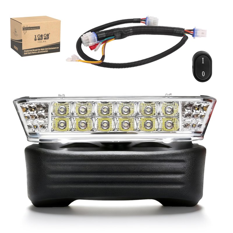10L0L Club Car Precedent Headlight Kit With Bumper - 12V Direct Replacement for 2004-Up Electric Golf Carts, Plug-and-Play Installation, Short Harness & Button Switch