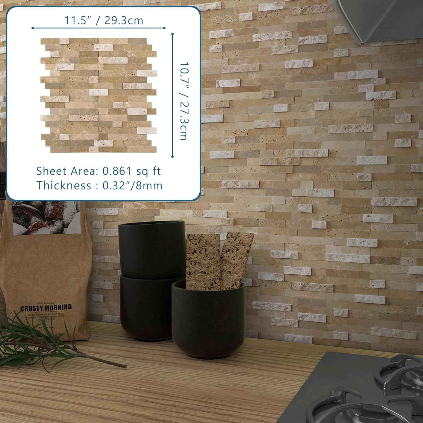 Peel and Stick 3D Stone Mosaic Tiles - 12x11" Self-Adhesive Backsplash for Kitchen & Bathroom - 5 Sheets, Mixed Tan