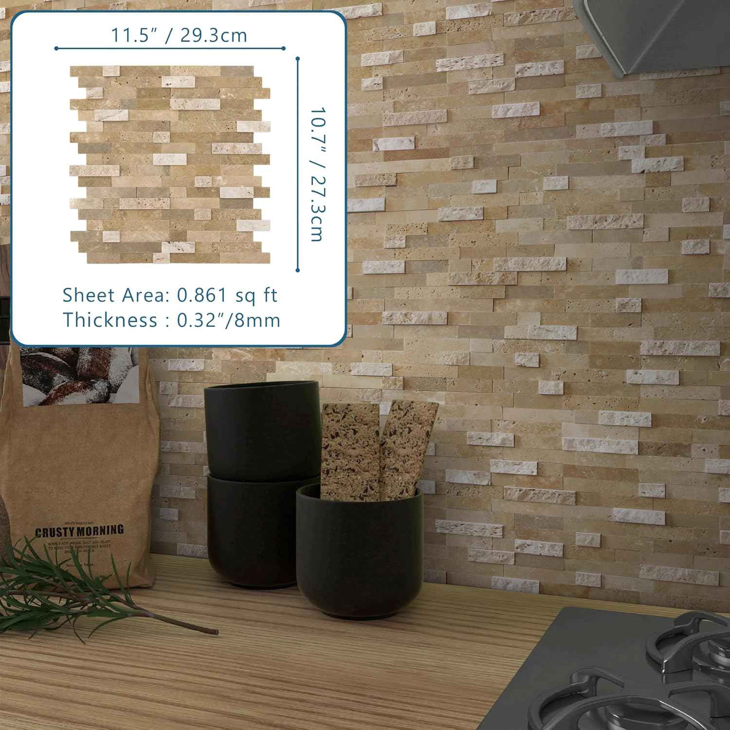 Peel and Stick 3D Stone Mosaic Tiles - 12x11" Self-Adhesive Backsplash for Kitchen & Bathroom - 5 Sheets, Mixed Tan