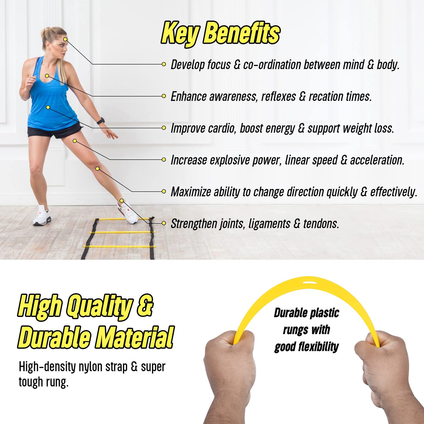 LYKAN FIT 20ft Sports Agility Ladder for Men Women and Kids, Speed Youth Soccer Agility Training Equipment for Football, Exercise, Soccer, Tennis, Legs Workout with Carry Bag (Yellow)