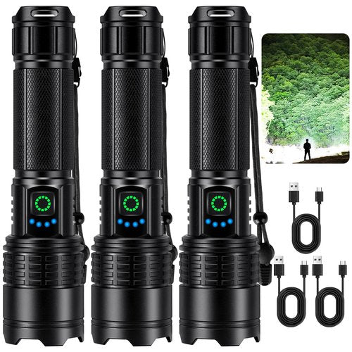 Kmivo Rechargeable Led Flashlight High Lumens - 99,000lm Bright Powerful Flash Light with 5 Modes, Waterproof Handheld Linterna for Home, Camping(3 Packs)