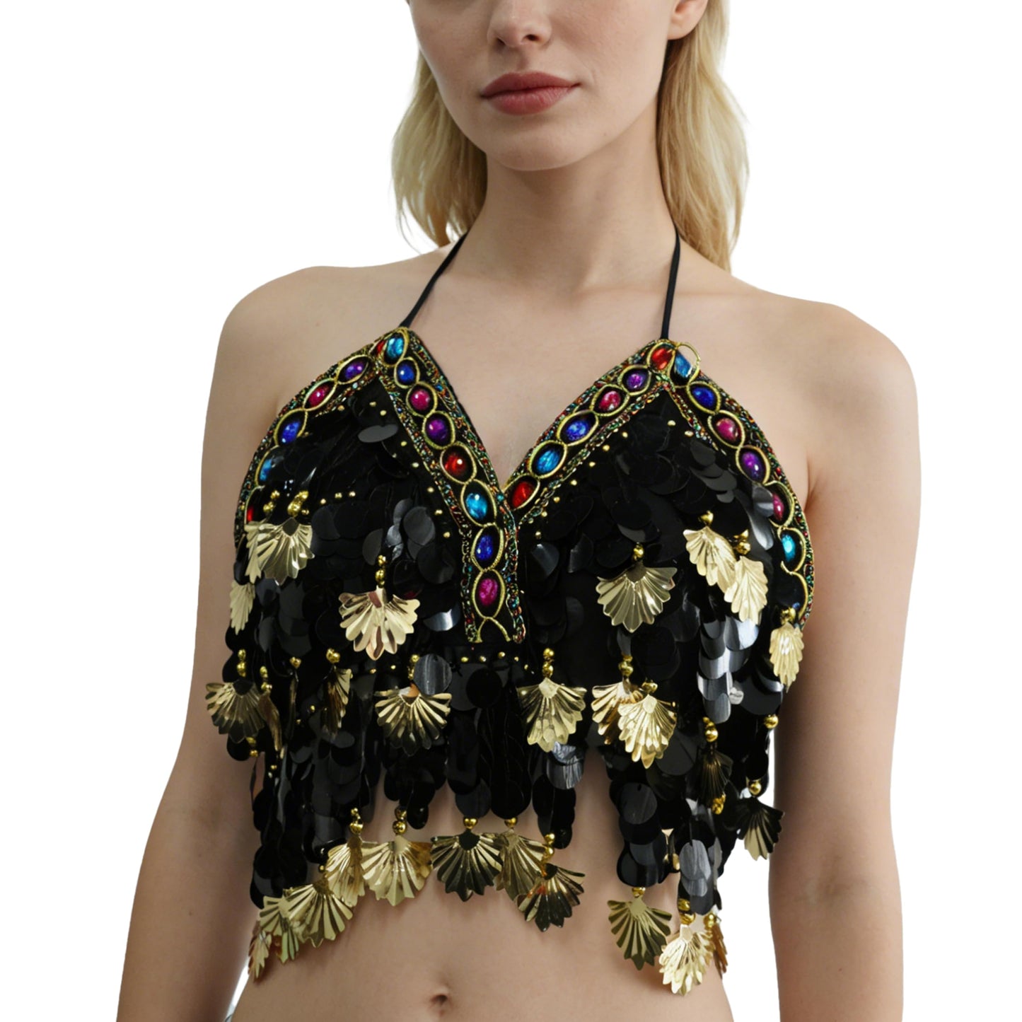 Wuchieal Sequin Halter Bra Tops Salsa Belly Dance Boho Festival Clubbing Tribal Bra Gold Shell Top (One Size, Black Coins Golden Shell)