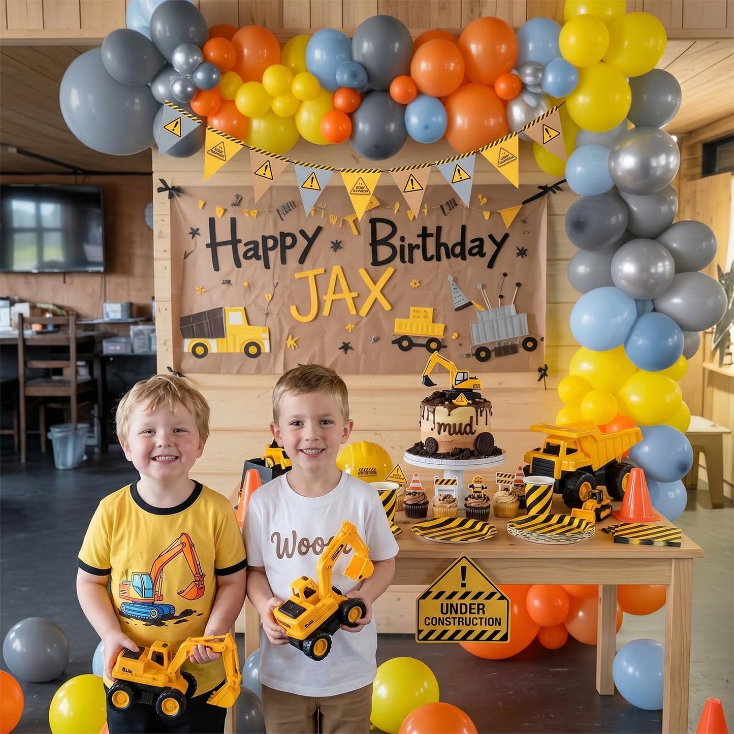 Construction Theme Balloons, 12 inch Orange Yellow Dusty Blue Latex Balloon for Construction Birthday Truck Excavator Theme Boys Transportation Party Supplies