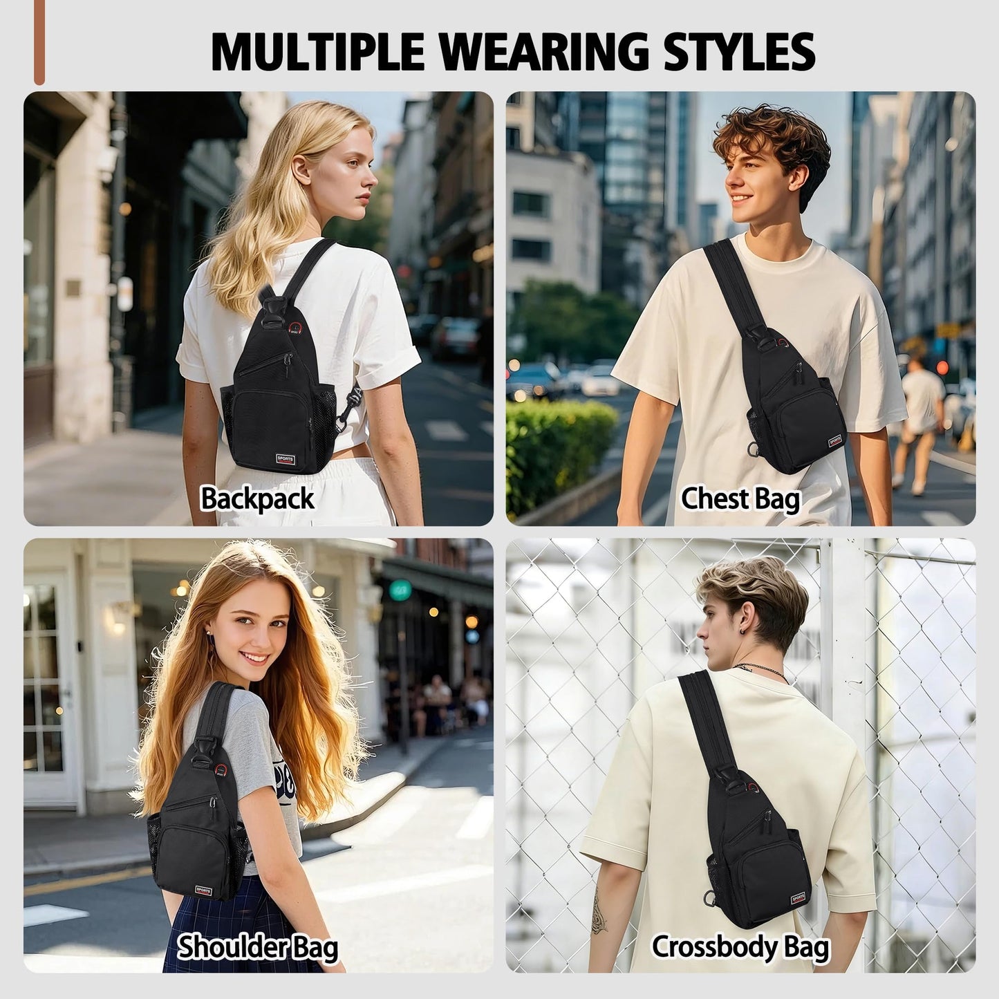 Geestock Convertible Sling Bag for Women Men, Lightweight Crossbody Backpack Daypack Chest Bag Fit 7.9" Tablet for Travel, Sport, Hiking & Commute, Black, 7.09in×3.15in×12.60in