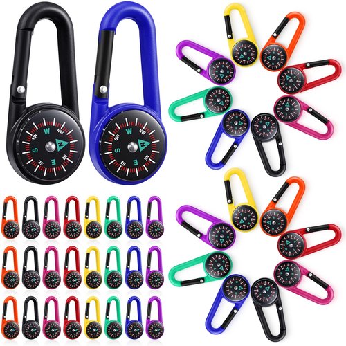 32 Pcs Compass Keychain for Kids Small Compass Keychain Belt Clips with Holes Adventure Camping Metal Buckle Pocket Outdoor Hiking Survival Camping Party Favors (Multicolor)