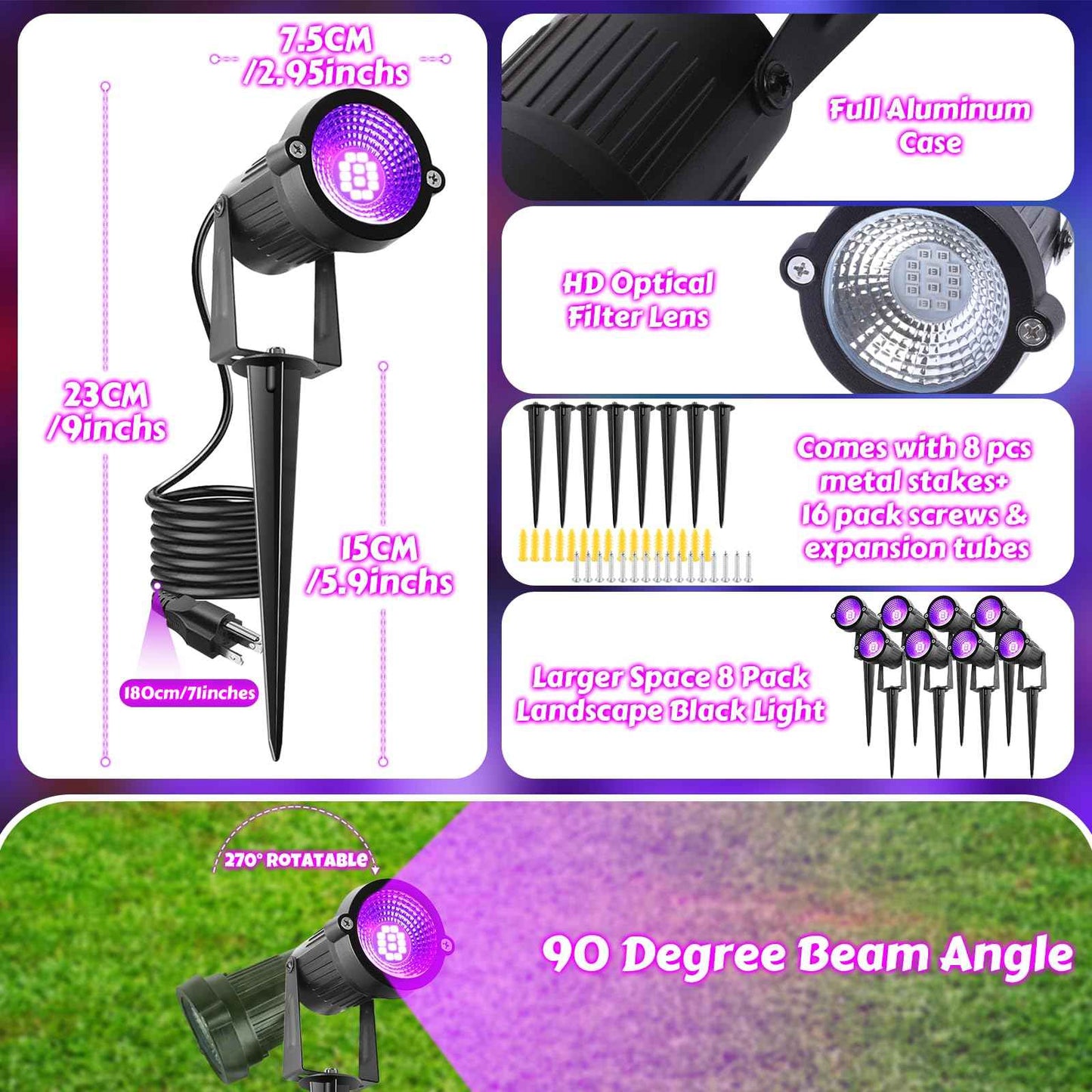 8 Pack Black Lights, IP66 Flood Light 15W LED Blacklight Glow Party Outdoor Spotlight with On/Off Switch + Plug + Metal Stakes for Landscape Lighting, Xmas, Body Paint, Fluorescent Poster, Halloween
