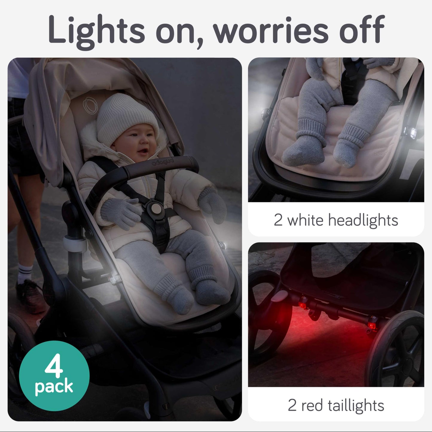 Baby Uma LED Stroller Lights (4-Pack) - Universal with 3 Light Modes (Constant/Pulse/Strobe), Buggy & Bike Lights Front and Back (2 White Headlights & 2 Red Taillights), Clip-On Bike Light