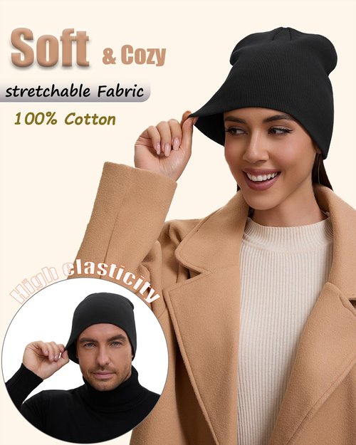 choshion 100% Cotton Beanie Hat for Men Women, Cuffless Soft Knit Warm Winter Hats Fisherman Beanies Skull Cap Unisex, Black