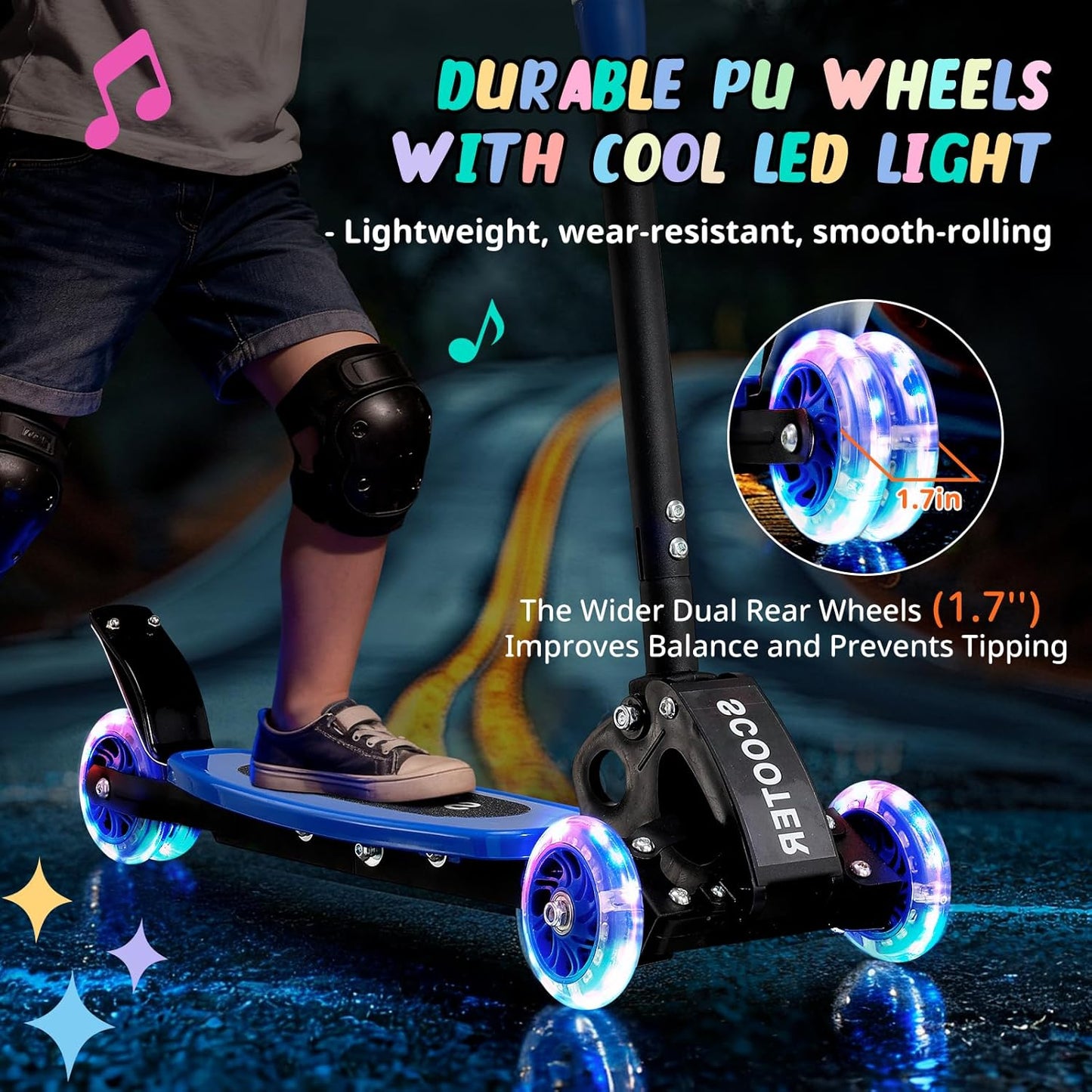 Skiennix Kick Scooter for Kids | Light-Up Three-Wheel Design, Adjustable Height, Foldable, Ages 3-7, Up to 120 Lbs