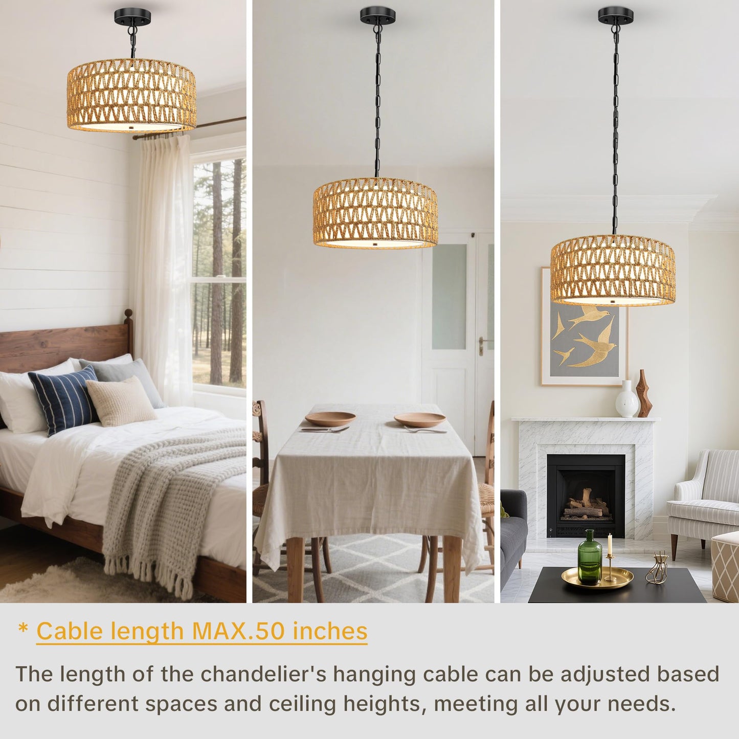 Boho Rattan Chandelier for Dining Room,5-Light Farmhouse Chandelier Light Fixtures, Hand Woven Chandeliers with Fabric Shade,Rustic Pendant Light Fixtures for Kitchen Island,Bedroom,Living Room