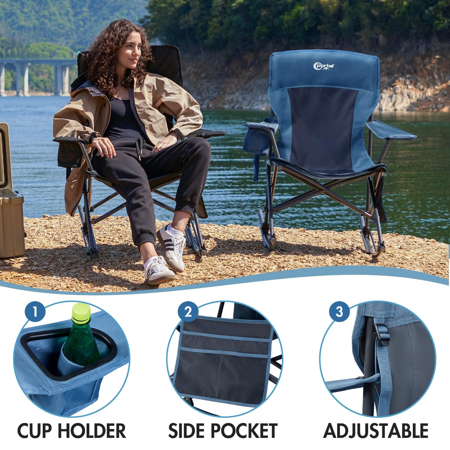 Portal Outdoor Rocking Chair Camping Folding Portable Rocker with Cup Holder Side Pocket Carry Bag, Support 350LBS (Midnight Blue)