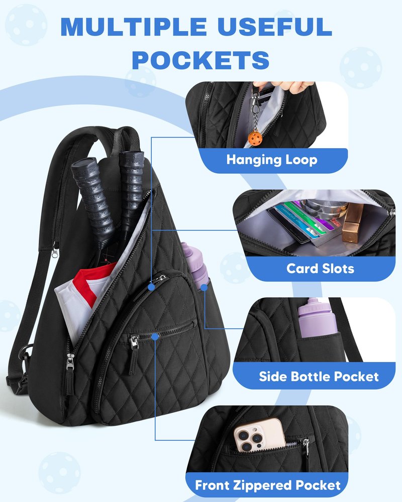 Trahzia Pickleball Sling Bag for Women and Men, Pickle Ball Paddle Backpack with Fence Hook for Racquetball, Badminton Rackets, Black