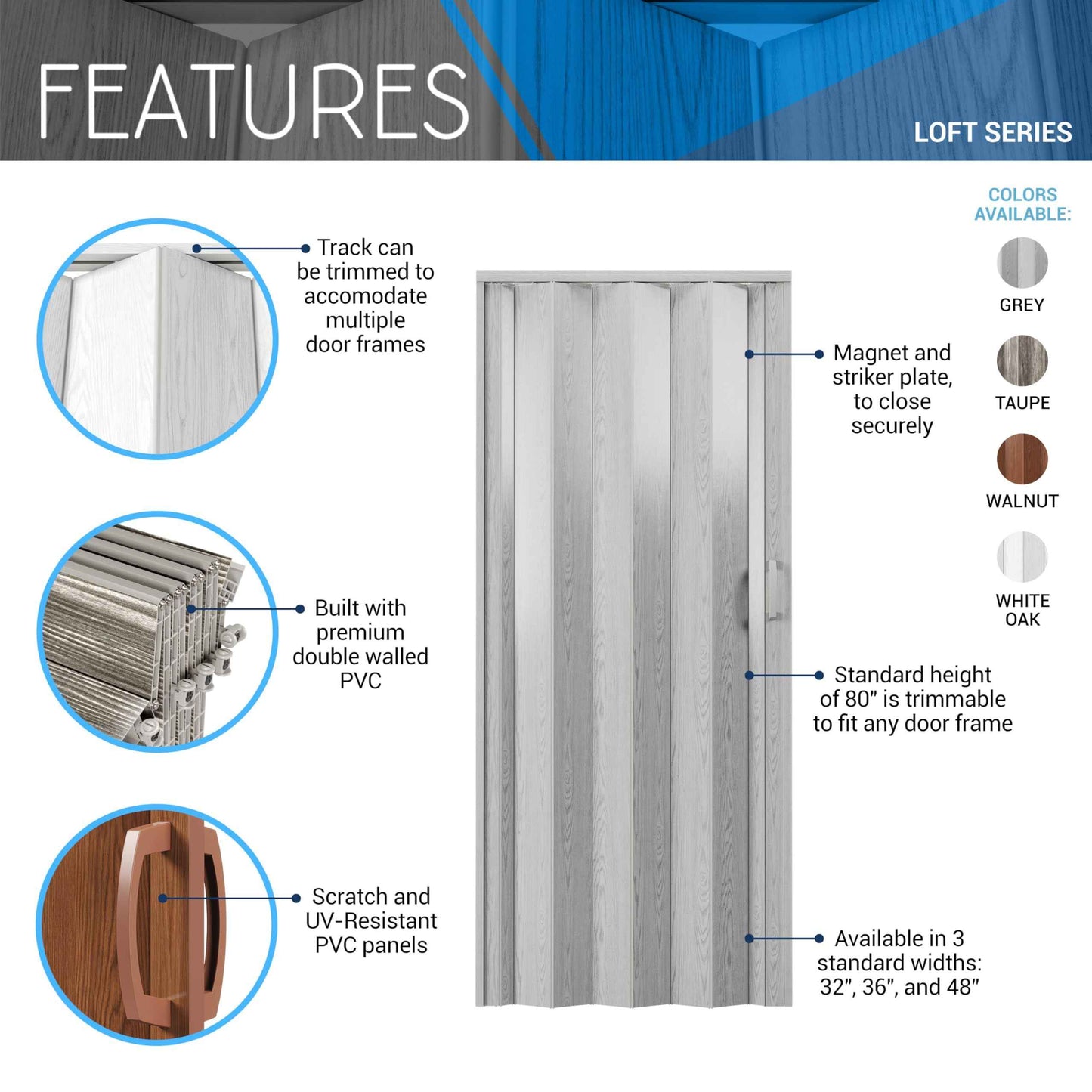 36" W Premium Foldable Accordion Doors, Double Walled Heavy Duty Folding Doors for Interior, Privacy Room Divider, Taupe