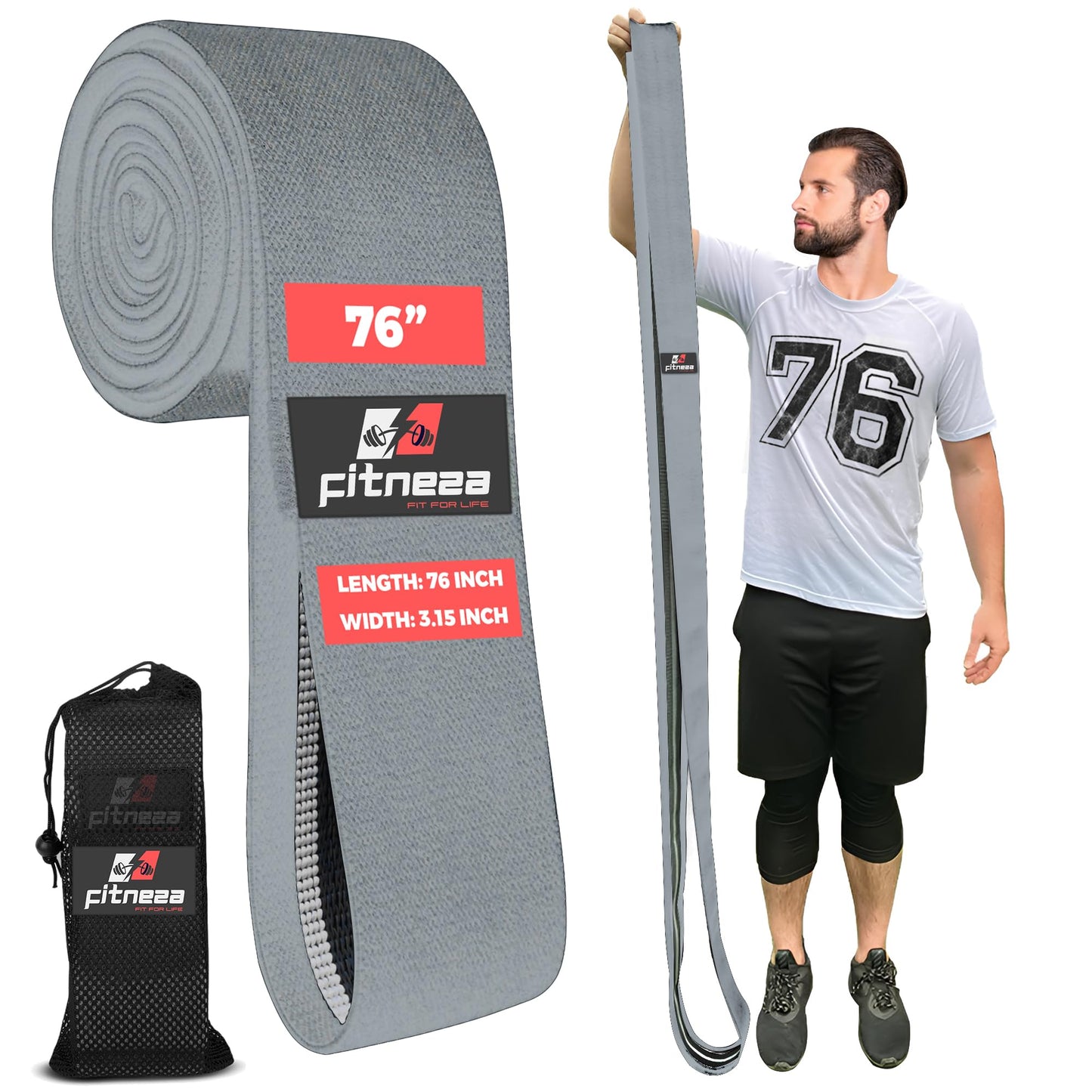 FITNEZA 76" Inch Premium Extended Length Fabric Resistance Bands for Working Out – 3" Wide Non-Slip Extra Long – No Pinching & Snapping – Exercise Workout Fitness Stretch Band for Pilates (Gray)