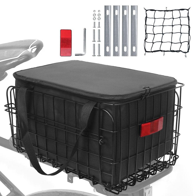 Folding Bike Basket Rear, Bike Rear Rack with PU Waterproof Liner Bag and Net Cover, Bicycle Baskets for Adult/Kids Bikes, Panniers Bike Bags of Bicycle Accessories