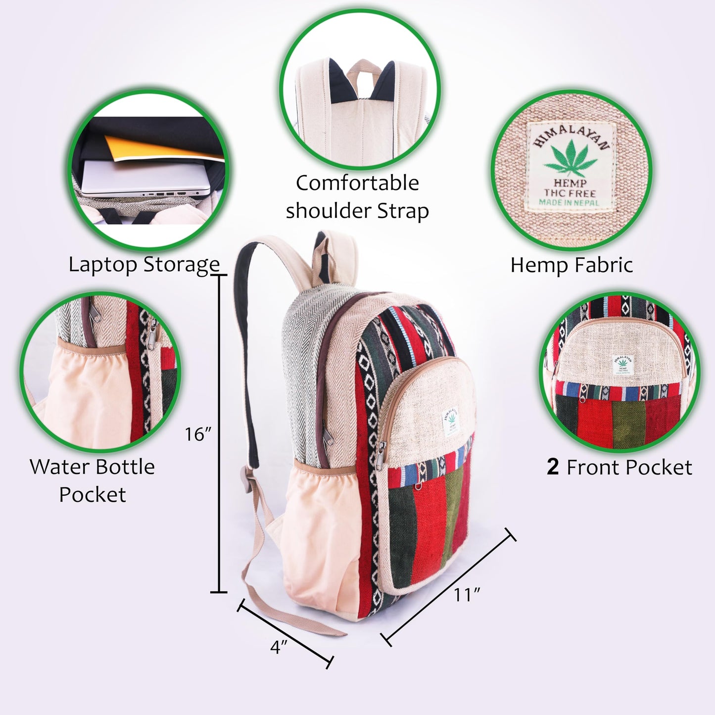 Anitya Hemp Backpack, Multi-Functional Pockets, Eco-Friendly, Unisex, Hiking Daypack, Durable Rucksack