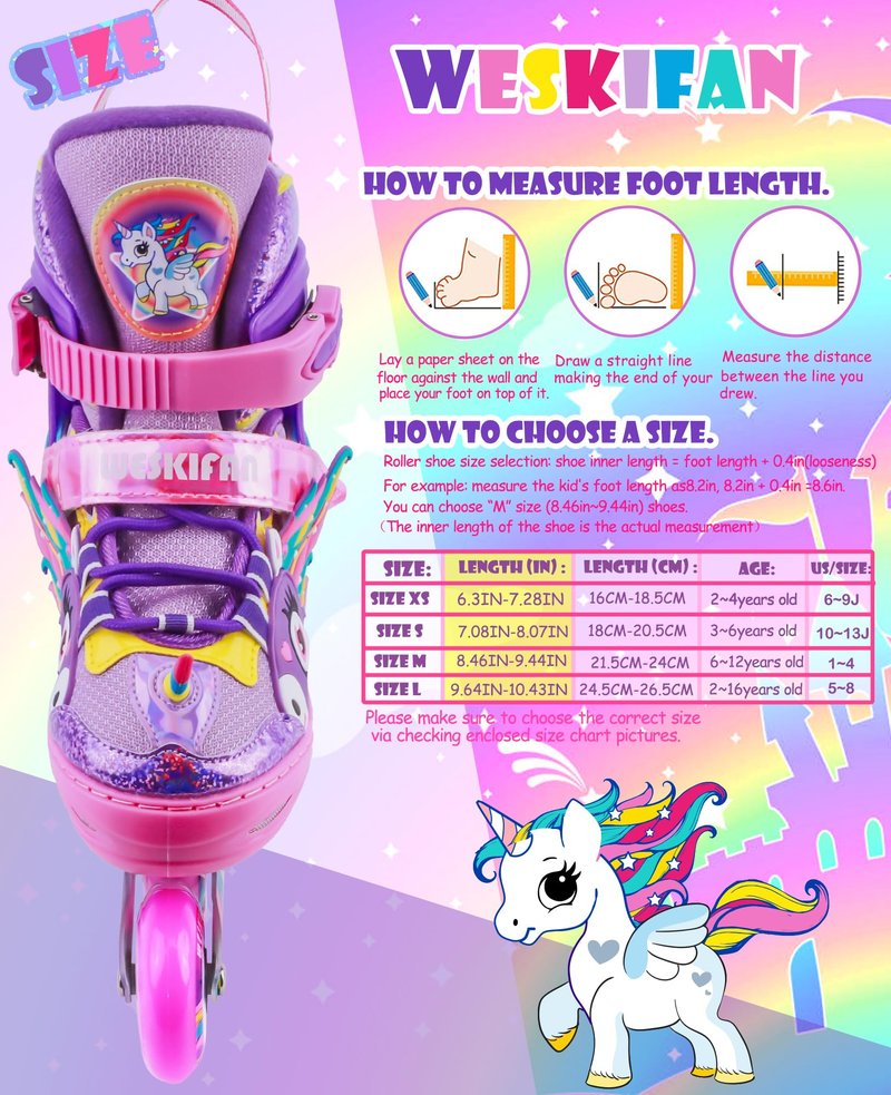 WESKIFAN Unicorn Kids Inline Skates for Girls Women, Rainbow Blades Skates with Shiny Light up Wheels&Adjustable Ages 6-8-12 Year Old, Roller Skates for Birthday Xmas Gifts Toys, Patines para Niñas