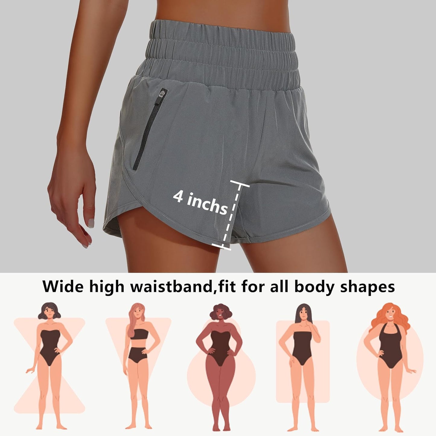 MIVEI Women's High Waisted Athletic Shorts - Quick Dry Tummy Control | 4" Rise with Zipper Pockets