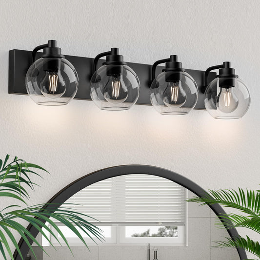Espird Bathroom Light Fixtures-Matte Black Vanity Lights for Bathroom, Modern Black Vanity Lights 4-Light Bathrooms Lighting Fixtures Over Mirror with Clear Glass Shade