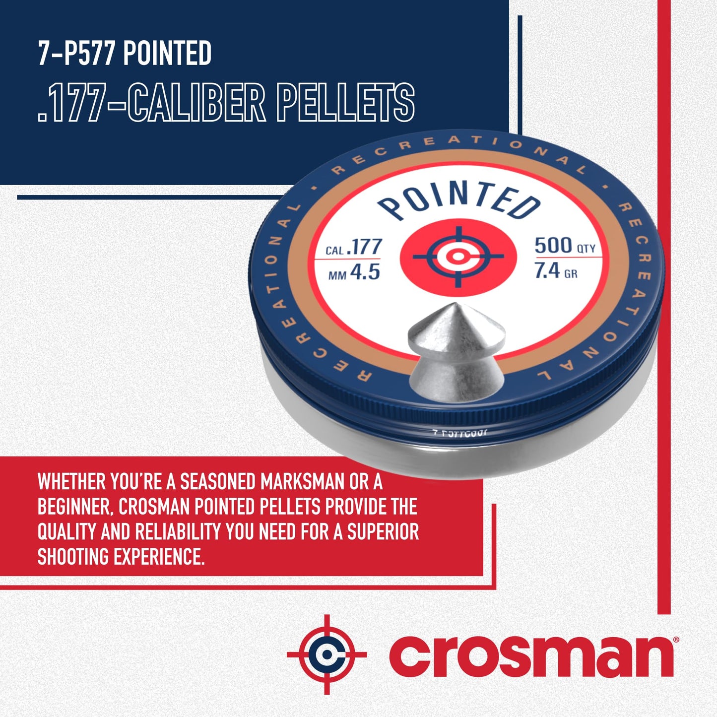 Crosman .177-Caliber Pointed Lead Pellets for Air Rifles and Air Pistols - 500 Count Tin - Lead