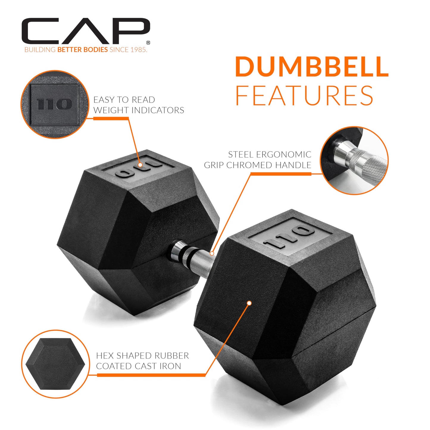 CAP 110 LB Rubber Coated Hex Dumbbell Weight, Rubber Free Weights for Home Gym Strength Training, Chrome Handle, Pair