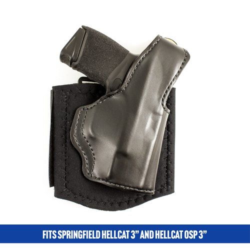 Desantis Die Hard Ankle Rig, Concealed Ankle Holster, Leather Lined Holster with Thumb Break, Neoprene Leg Band, Fits Springfield Hellcat 3”, Hellcat OSP 3”, Unisex, Right-Hand Draw, Black