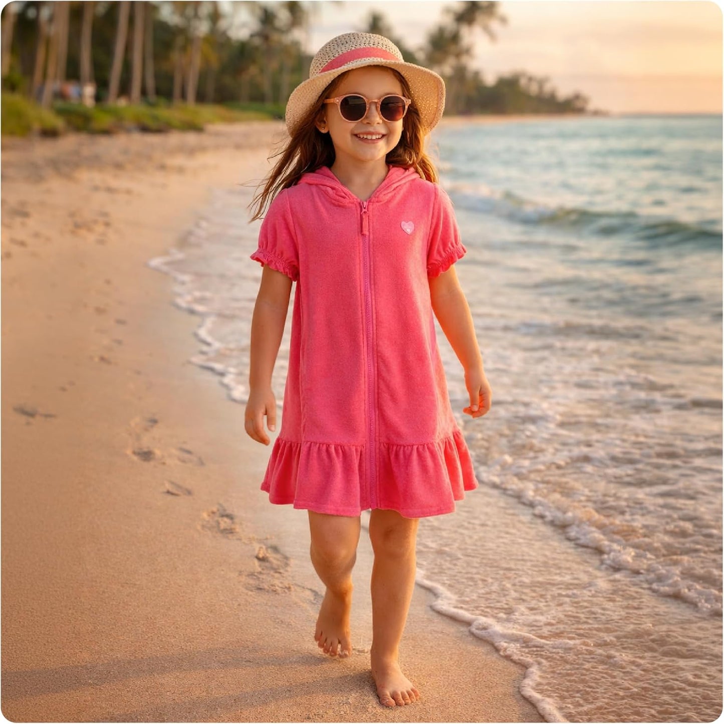 Pink Platinum Girls Swim Cover-Up - Soft Cotton Hooded Ruffled Bathrobe Dress for Kids