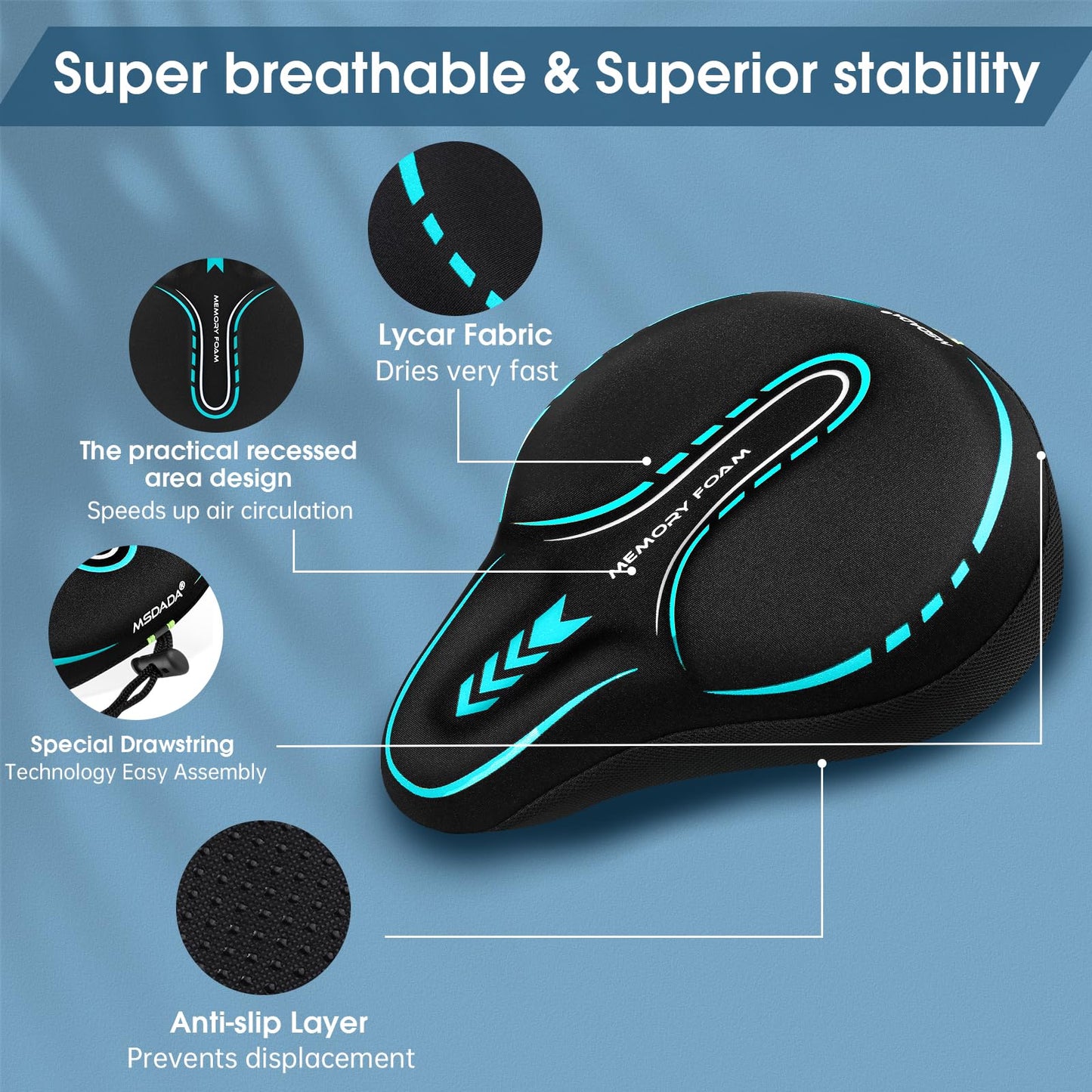 MSDADA New Large Gel Bike Seat Cover, Extra Soft Bike Seat Cushion for Men Women Comfort Wide, Fits Indoor/Outdoor/Exercise Bikes,Light Blue(11inch x 10 inch)