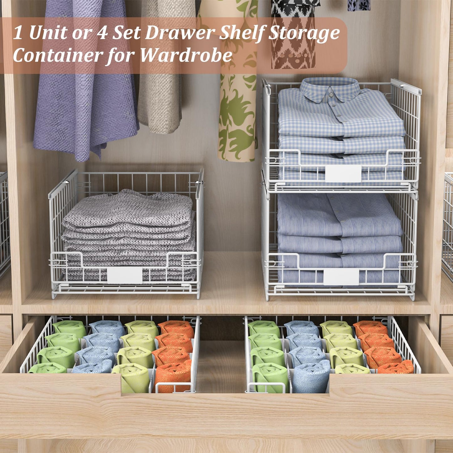 4 Pack Sliding Closet Organizers and Storage, Stackable Closet Storage Shelves, Pull Out Clothes Storage Organizer Baskets/Containers/Drawers with Dividers for Wardrobe (White-Sturdy Wire Metal Frame)