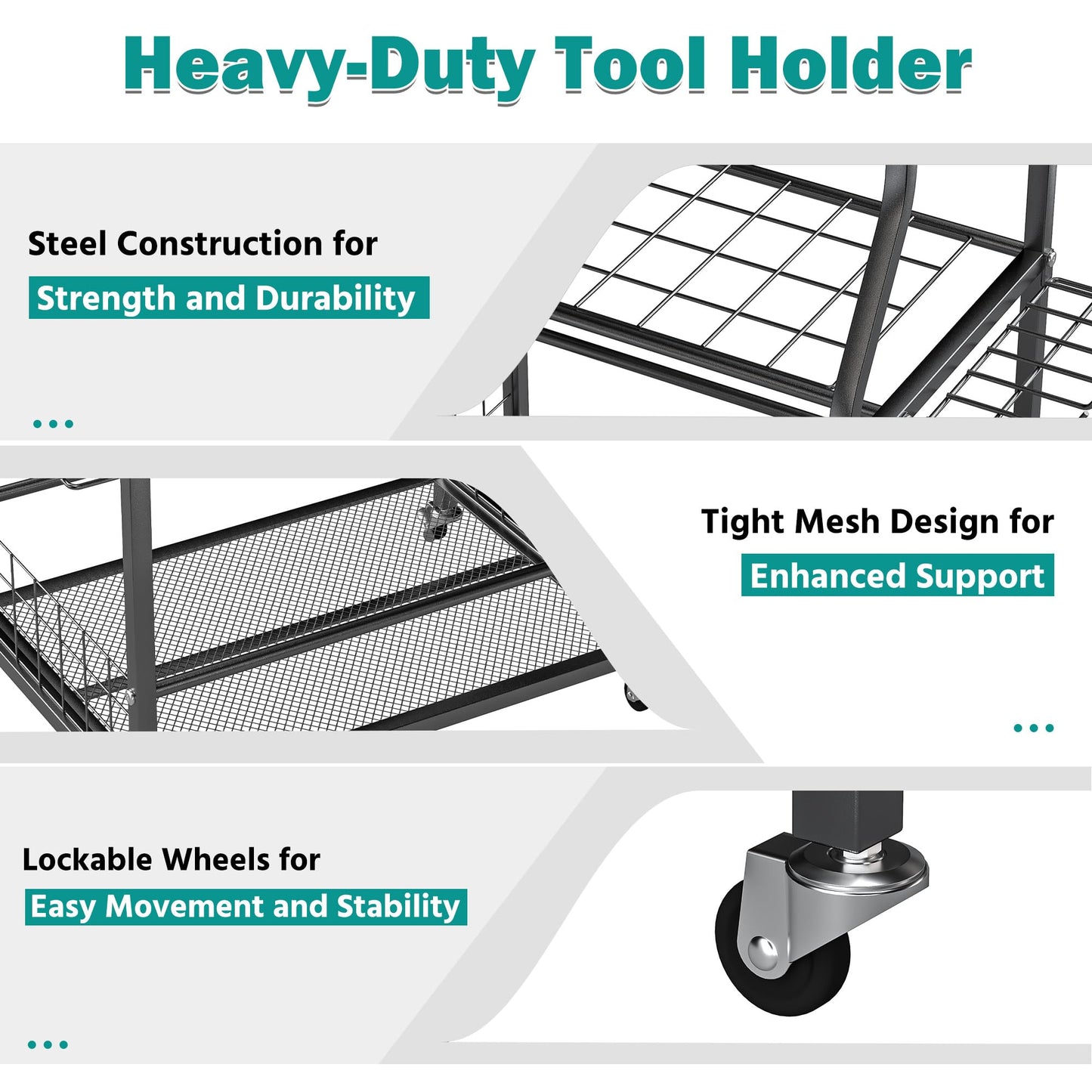 EVERHANGER Garden Tool Organizer Stand, Garage Tool Storage Organization, Yard Tool Racks with lockable wheels, Fit for Long-Handled Tools/Rakes/Brooms, Indoor/Outdoor Use